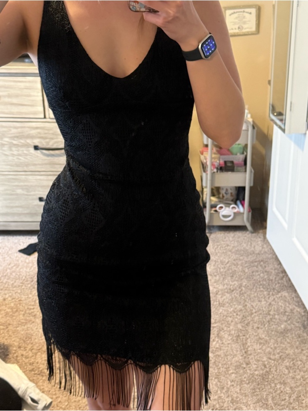 Vintage 90’s Necessary Objects Black Lace Fringe Bodycon Mini Dress Sz. M